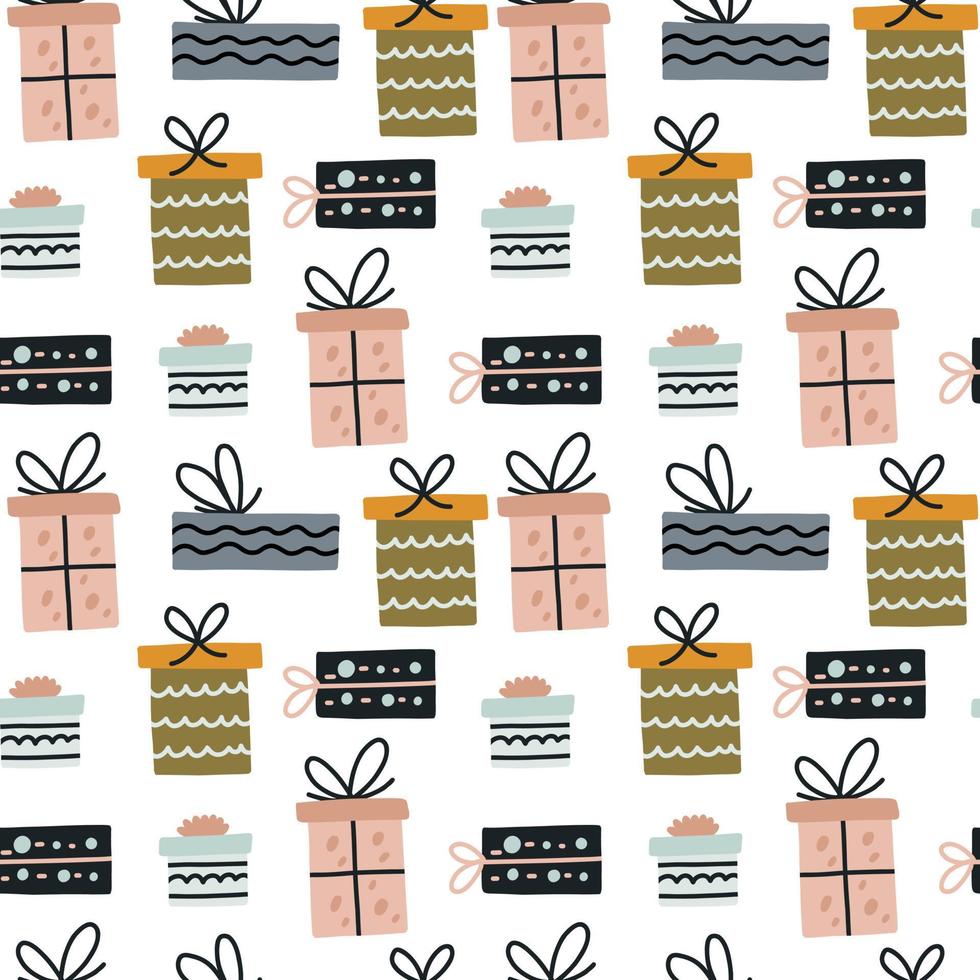 envoltura de regalo de patrones sin fisuras. paquete de caja sorpresa de garabato con fondo de papel tapiz de cinta. diseño de telas textiles para niños vector