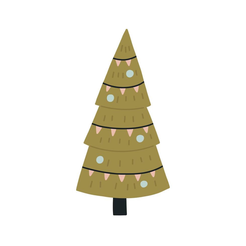 árbol de navidad verde geométrico con guirnalda sobre fondo blanco vector