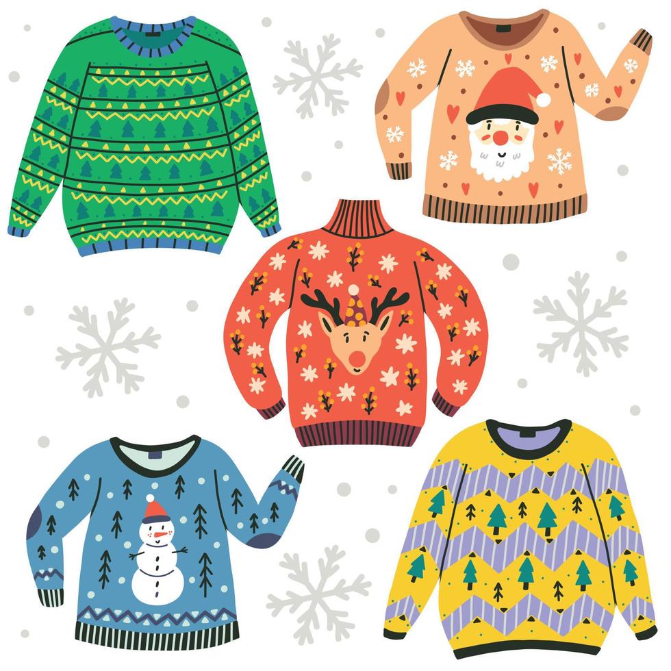 Set of colorful Christmas ugly sweaters. Holiday Season New Year collection knitted clothes. Vector elements on isolated background