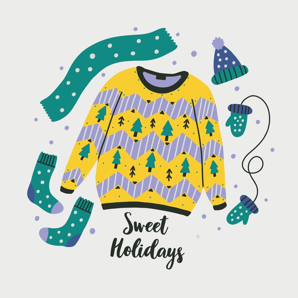 Ugly Sweaters party print with woolen clothes and greeting lettering Sweet Holidays. Design element for greeting cards, banners, flyers and t shirts. Vector illustration