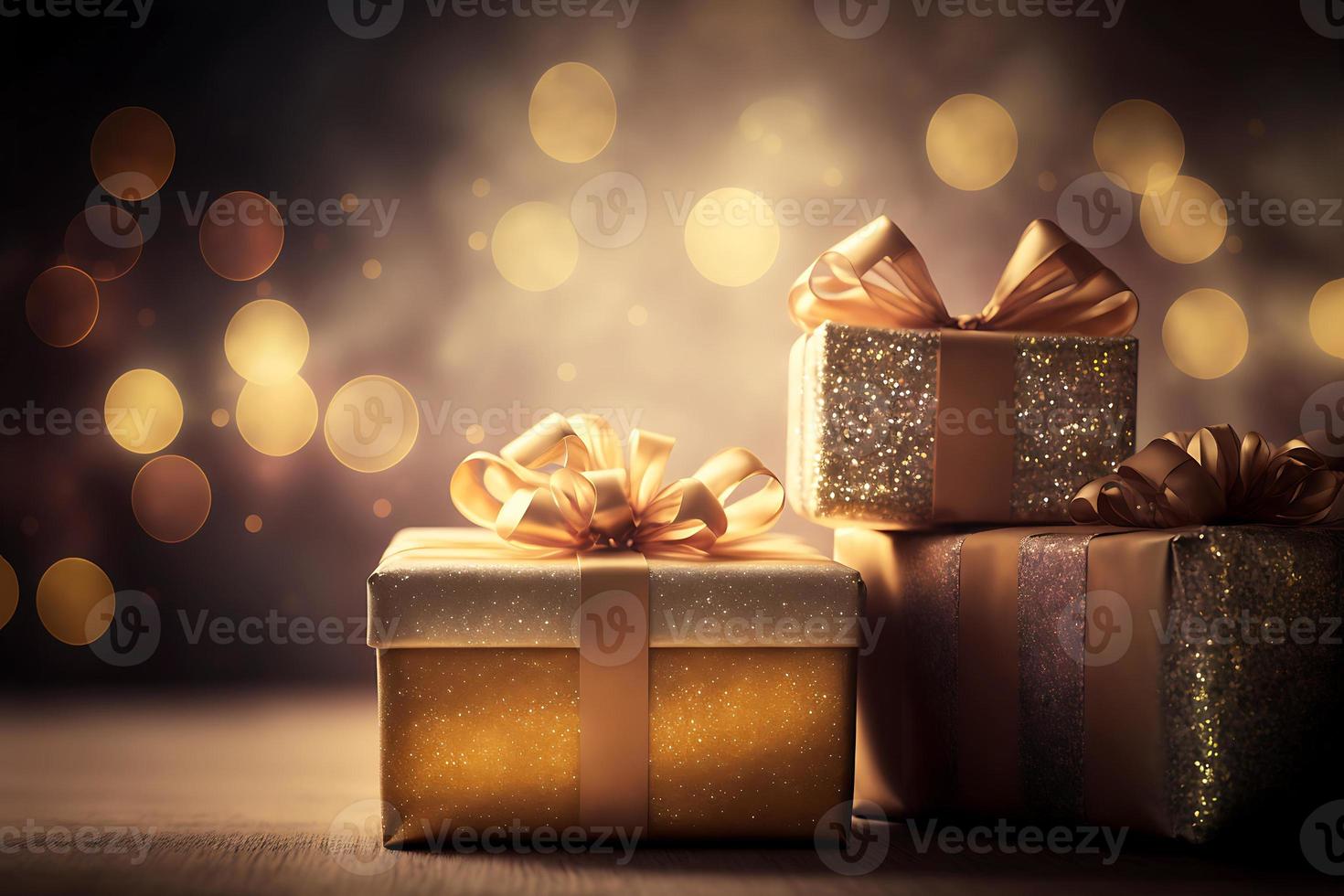 xmas gifts on christmas lights bokeh background. generative ai photo