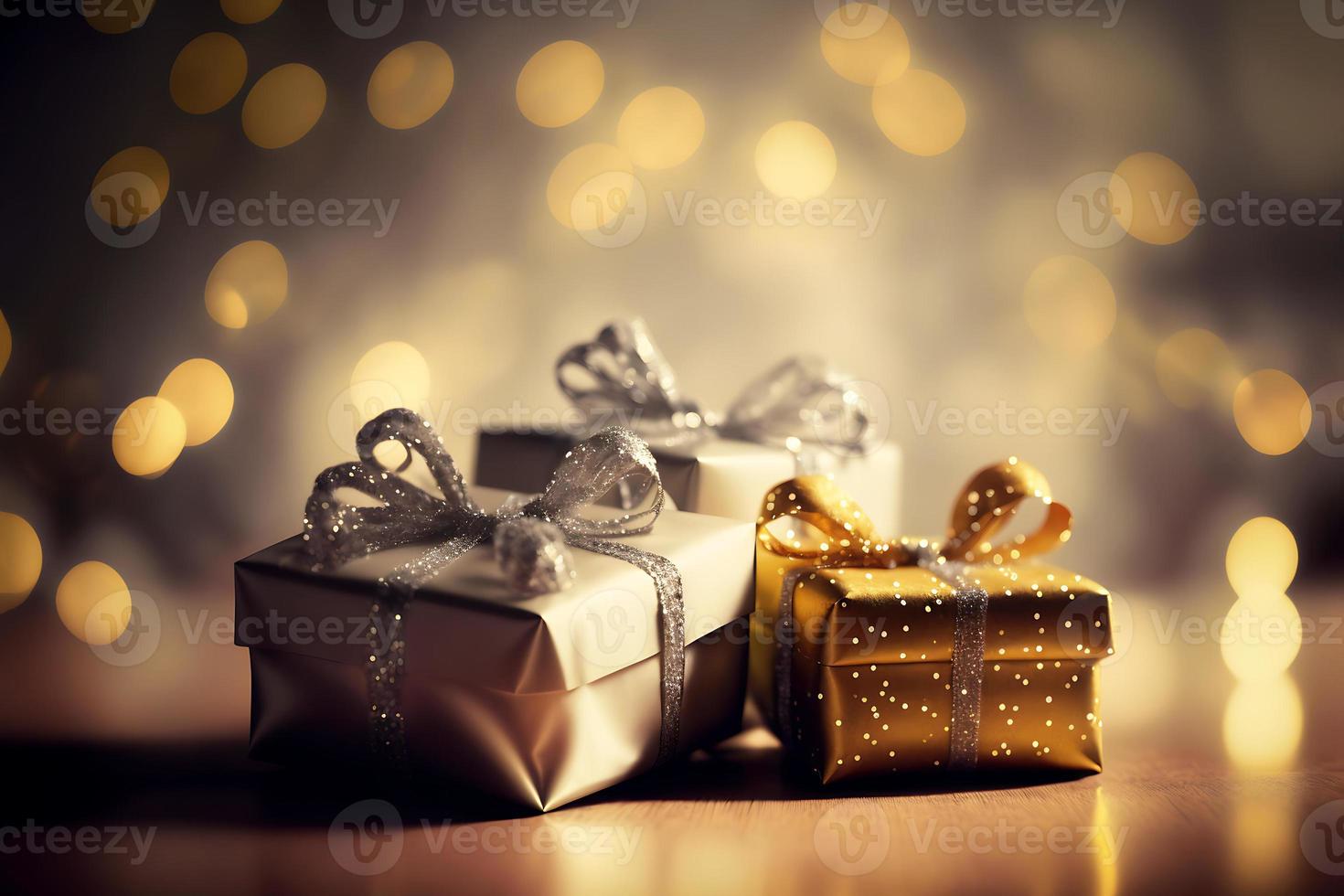 small presents on christmas lights bokeh background. generative ai photo