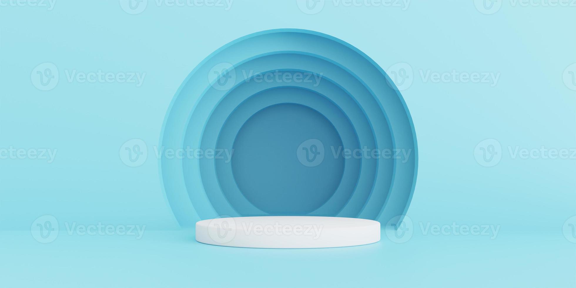 3D Render. Abstract blue composition on podium. Minimal Studio with round stand and copy space. Futuristic interior background for landing page, showcase, Product presentation. photo