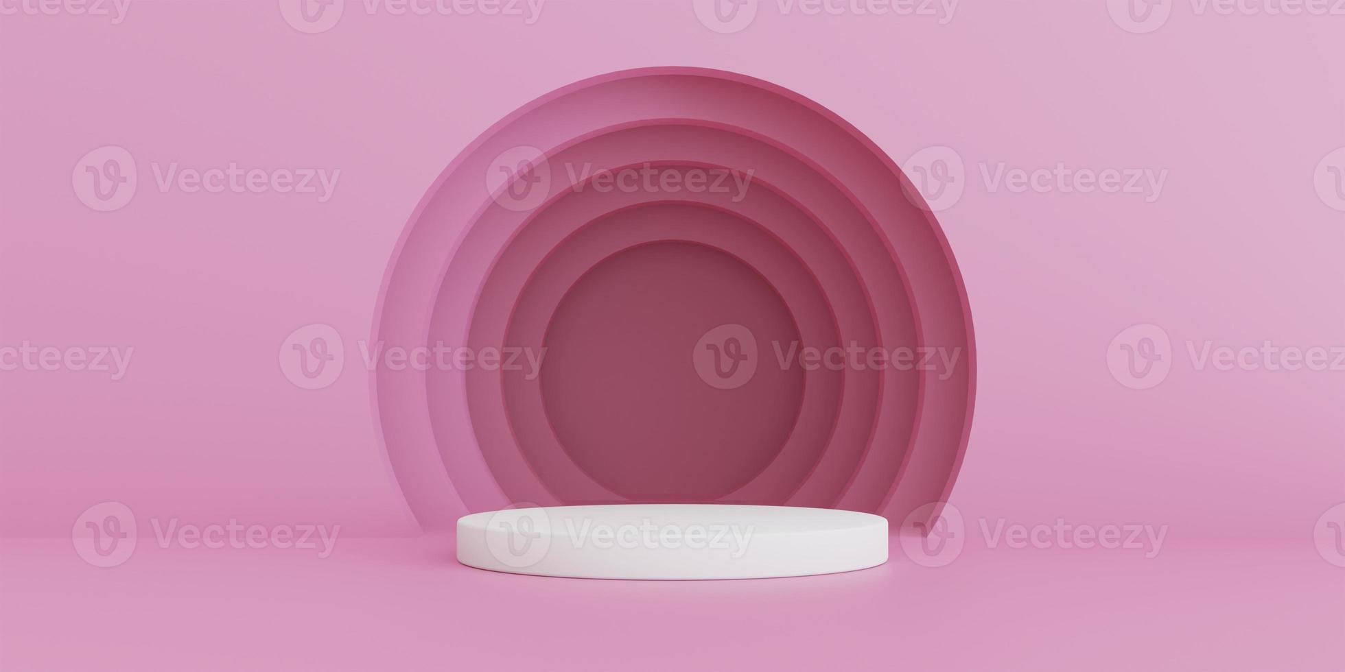 3D Render. Abstract pink composition on podium. Minimal Studio with round stand and copy space. Futuristic interior background for landing page, showcase, Product presentation. photo