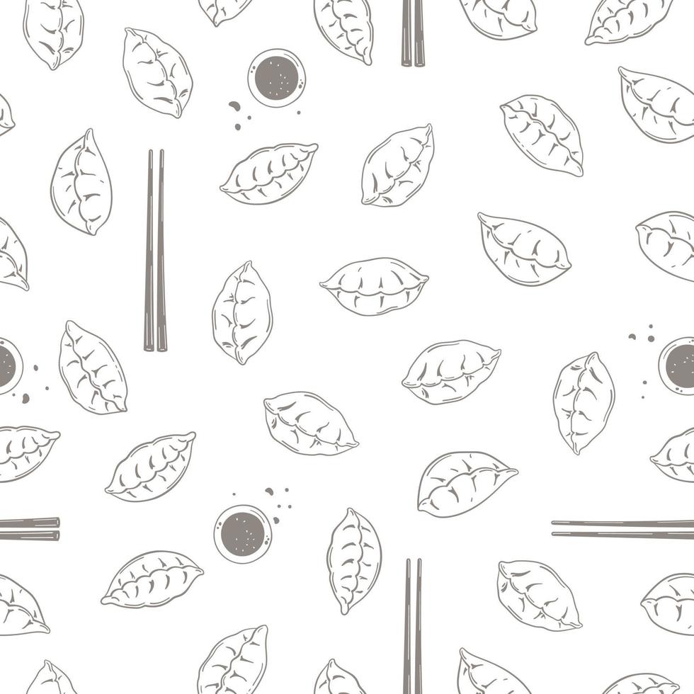 Chinese dumplings seamless pattern with sauce and chopsticks. Asian cuisine hand drawn illustration vector