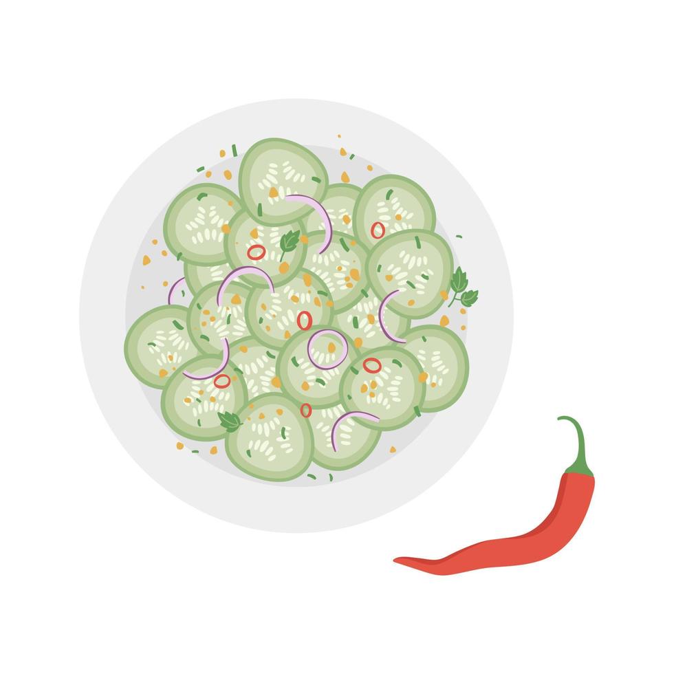 Thai cucumber salad on a plate. Traditional asian food. Vector illustration