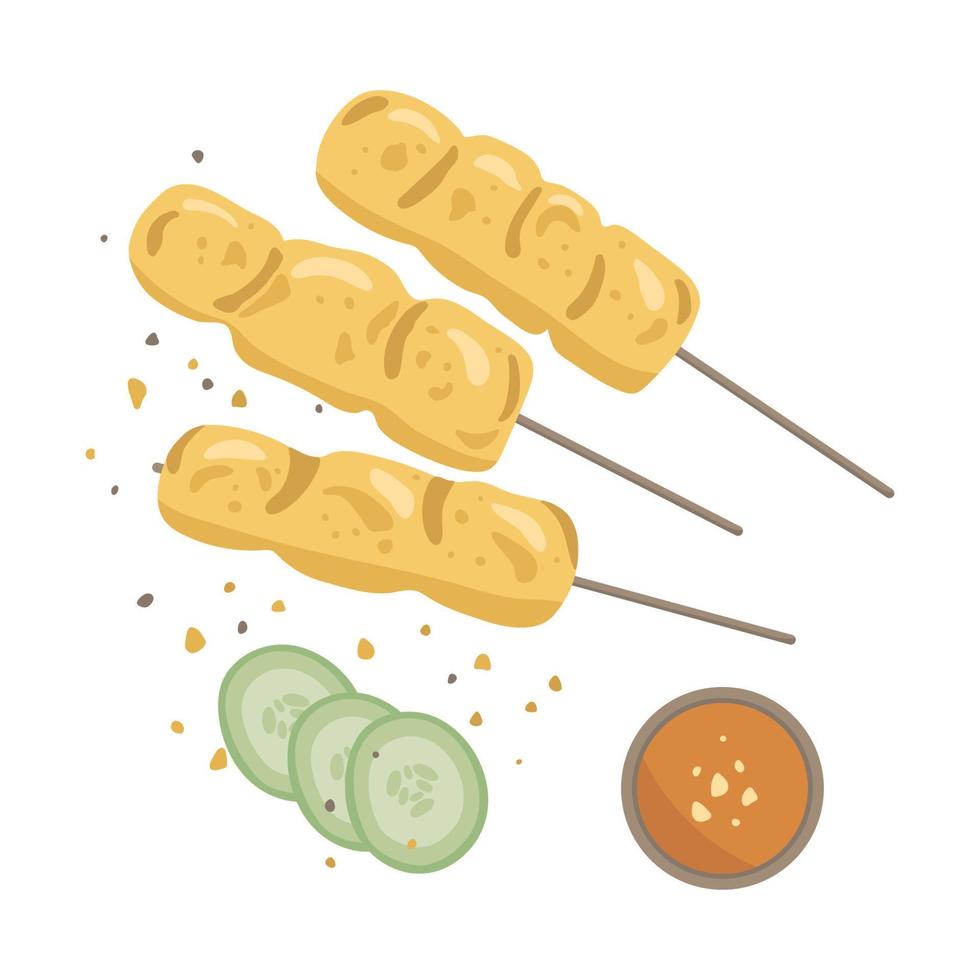 Thai food - chicken satay, served with peanut sauce and cucumber. Hand drawn illustration of asian food vector