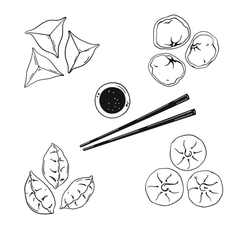 Set of different asian dumplings with sauce. Asian food vector