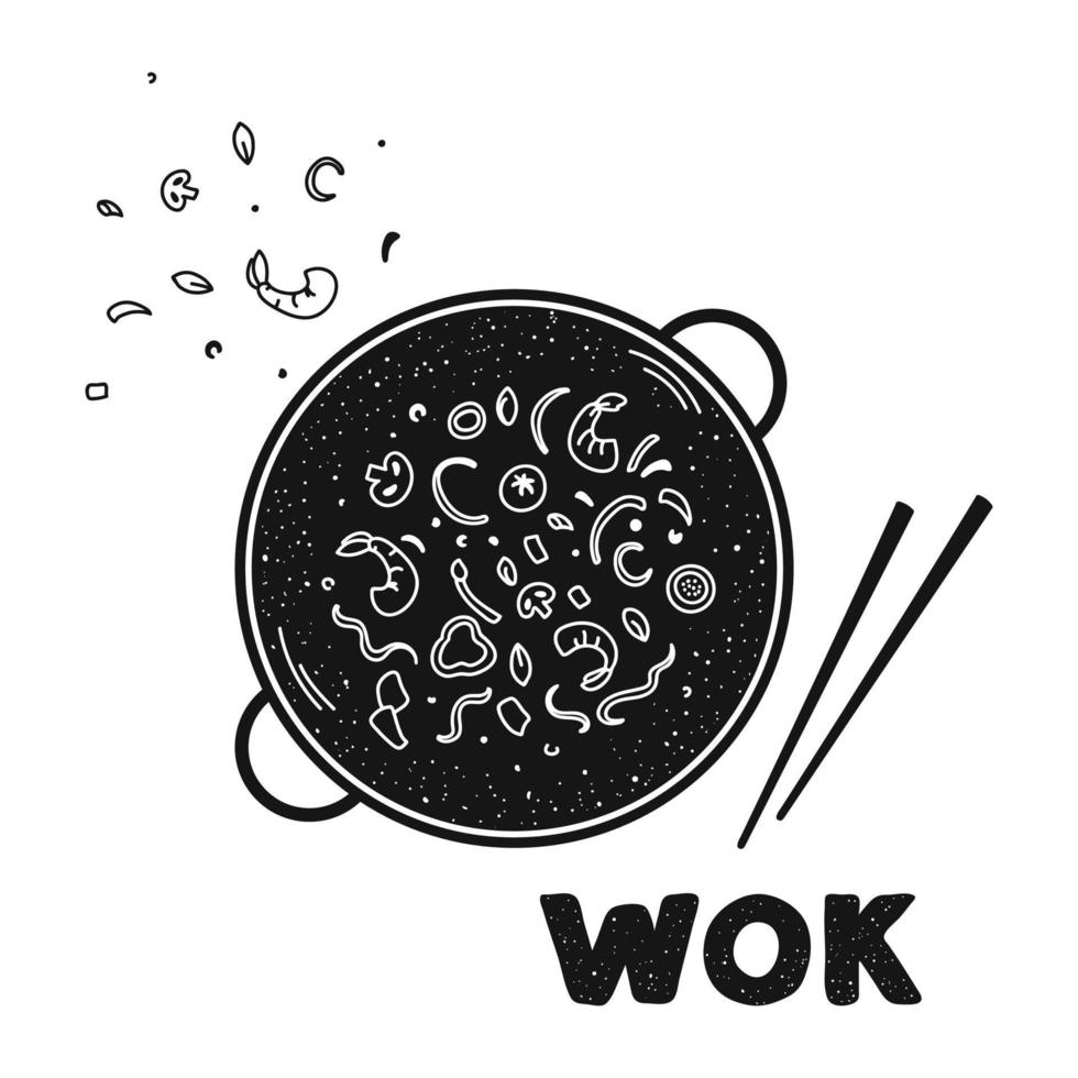 Asian food noodles with shrimps and vegetables cooked in wok pan. Hand drawn black and white vector illustration