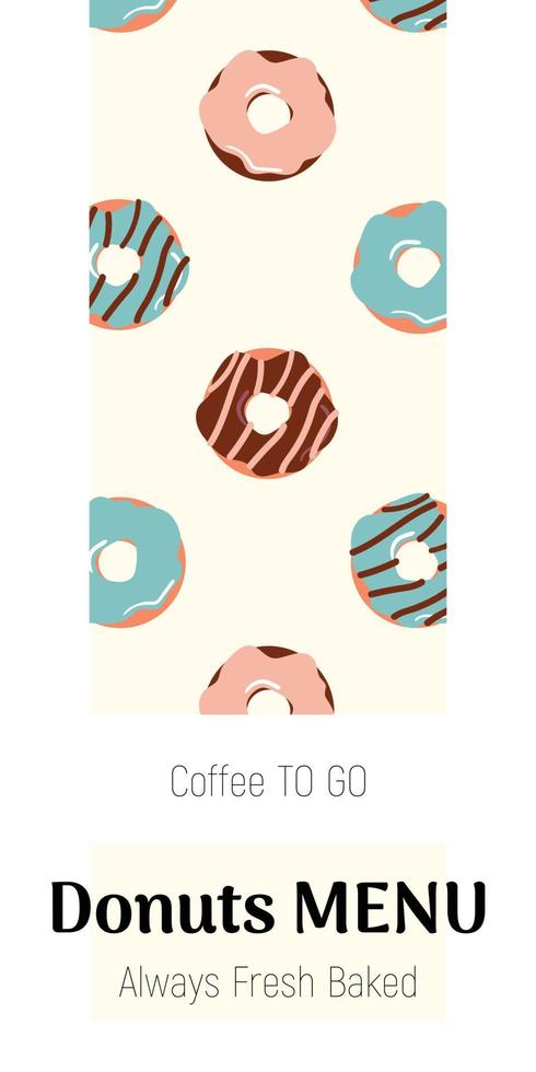 Drawn cute donuts and cups of coffee on a delicious milky background. Perfect for a cafe and pastry shop, bakery shop. vector