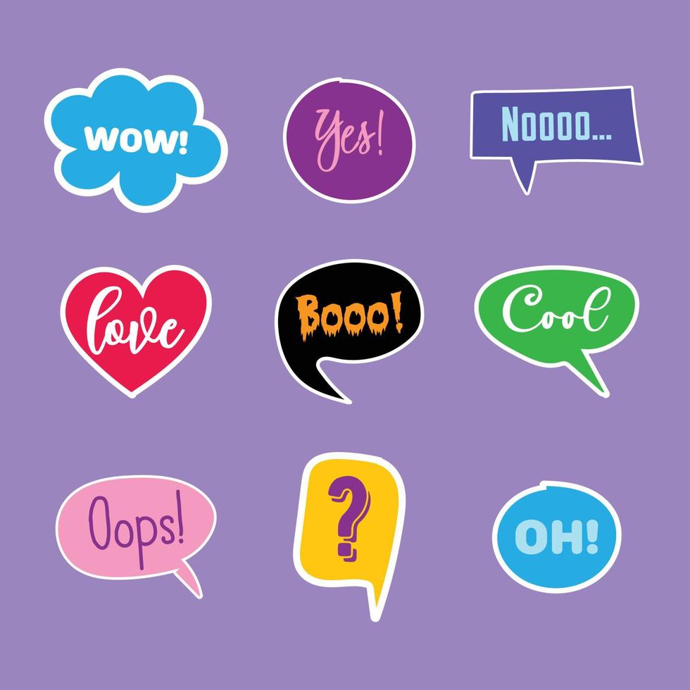 Stickers set. Speech balloon, speech bubble of different shapes. Phrases and exclamations to express different emotions. vector