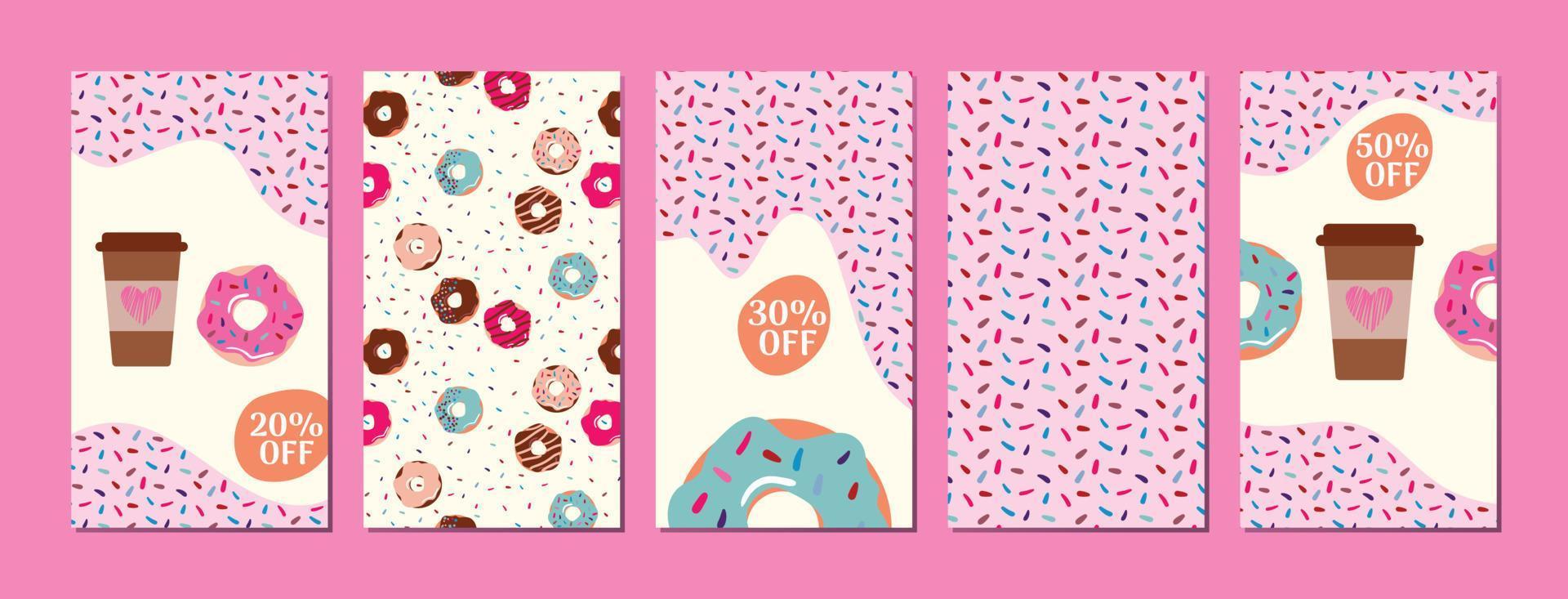 Set template for social networks. Delicious donuts. Donut posters. vector