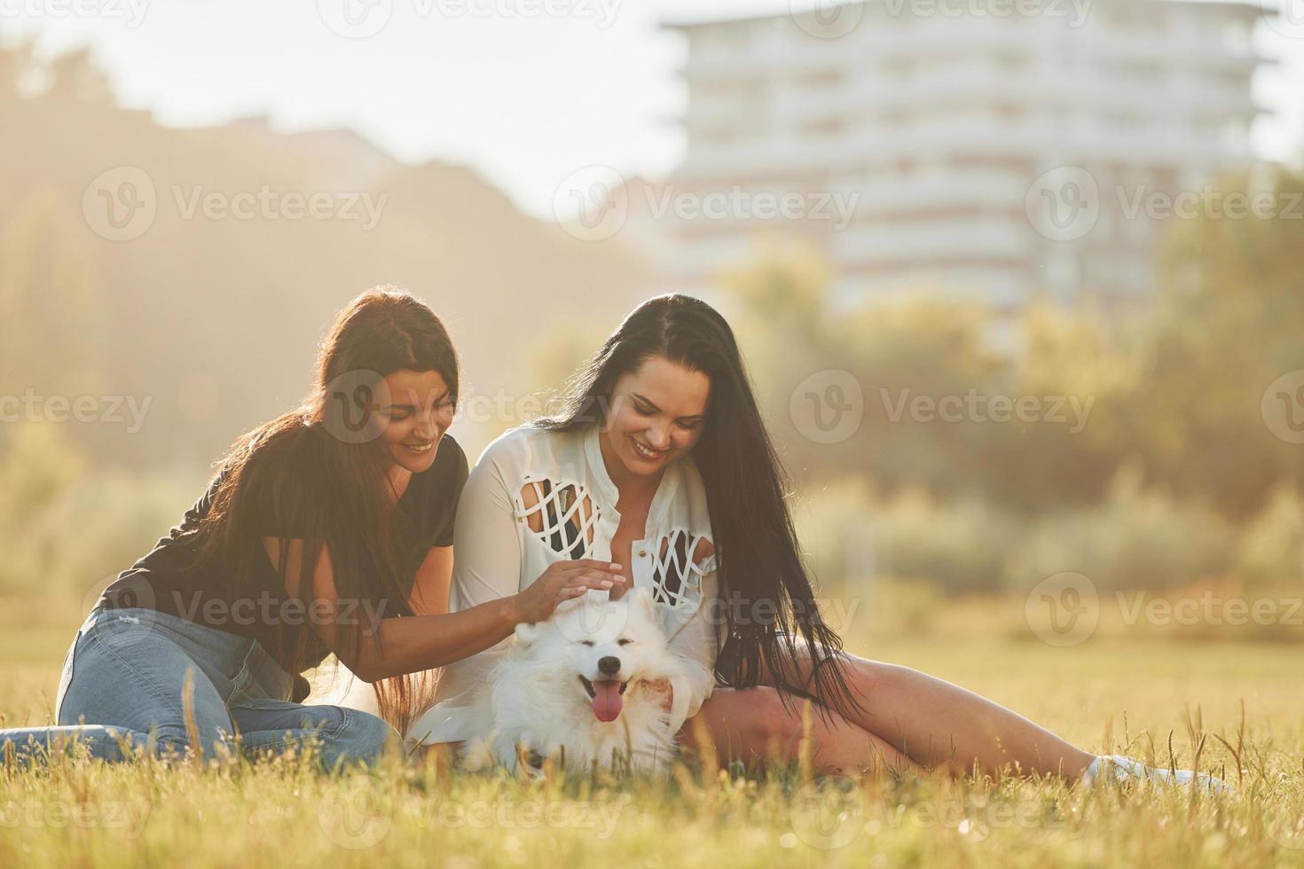 Two women with dog is having fun on the field at sunny daytime photo