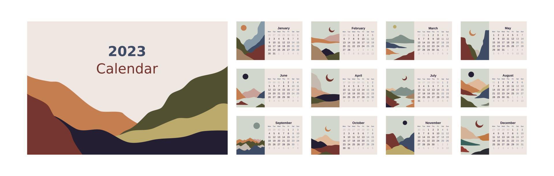 2023 calendar with abstract style. Abstract 2023 calendar design. Mountain calendar planner minimal style. 2023 calendar with boho style. vector