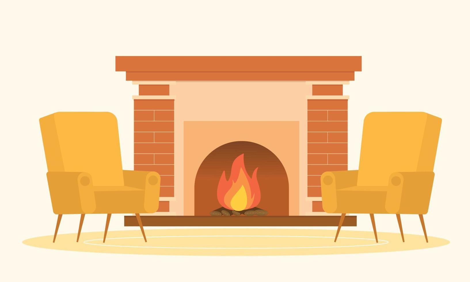Living room interior. Two cozy armchairs and fireplace with fire. Vector illustration.