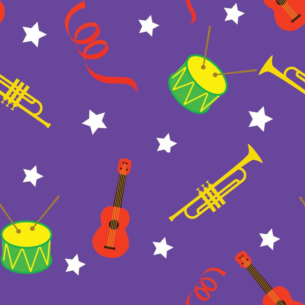 fondo transparente con elementos de carnaval. serpentina, ukelele, tambor, trompeta sobre fondo morado. ilustración vectorial vector