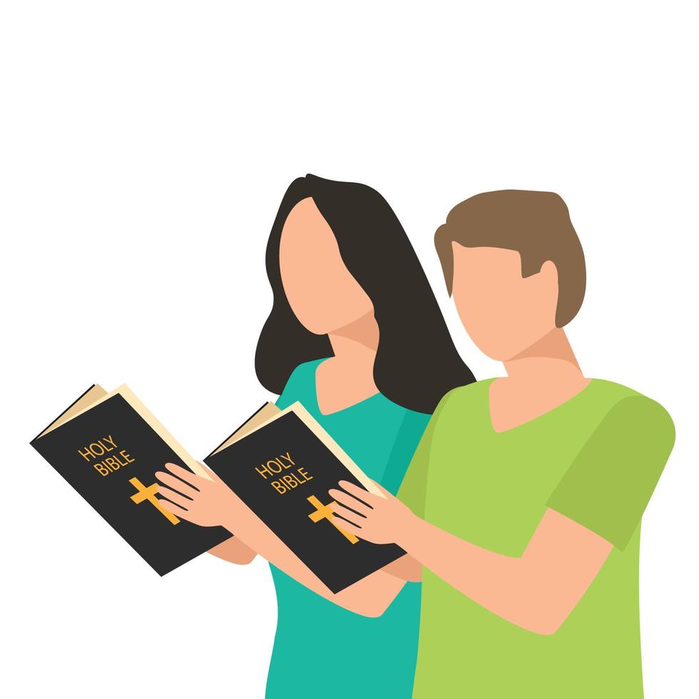 dos europeos leyendo una santa biblia. mujer y hombre están estudiando la biblia. ilustración vectorial vector