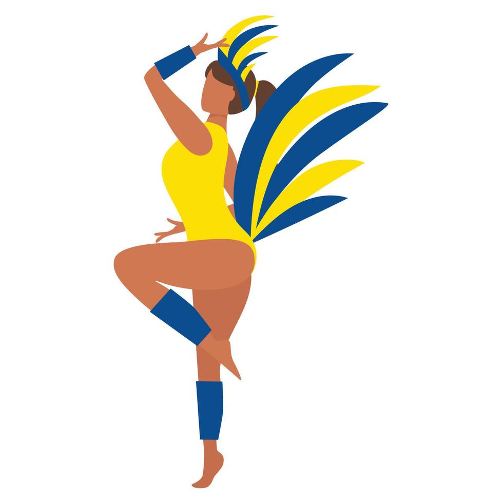 Young beautiful Latina woman dancing in carnival costume with features. A woman is posing in yellow biking. Vector illustration.