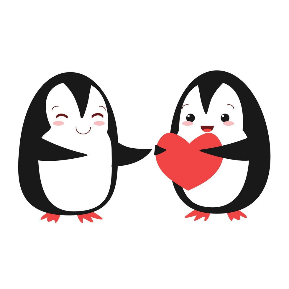 Two penguins with heart. Pair cute animals. Concept for Valentine day. Be mine. I love you. Vector illustration.