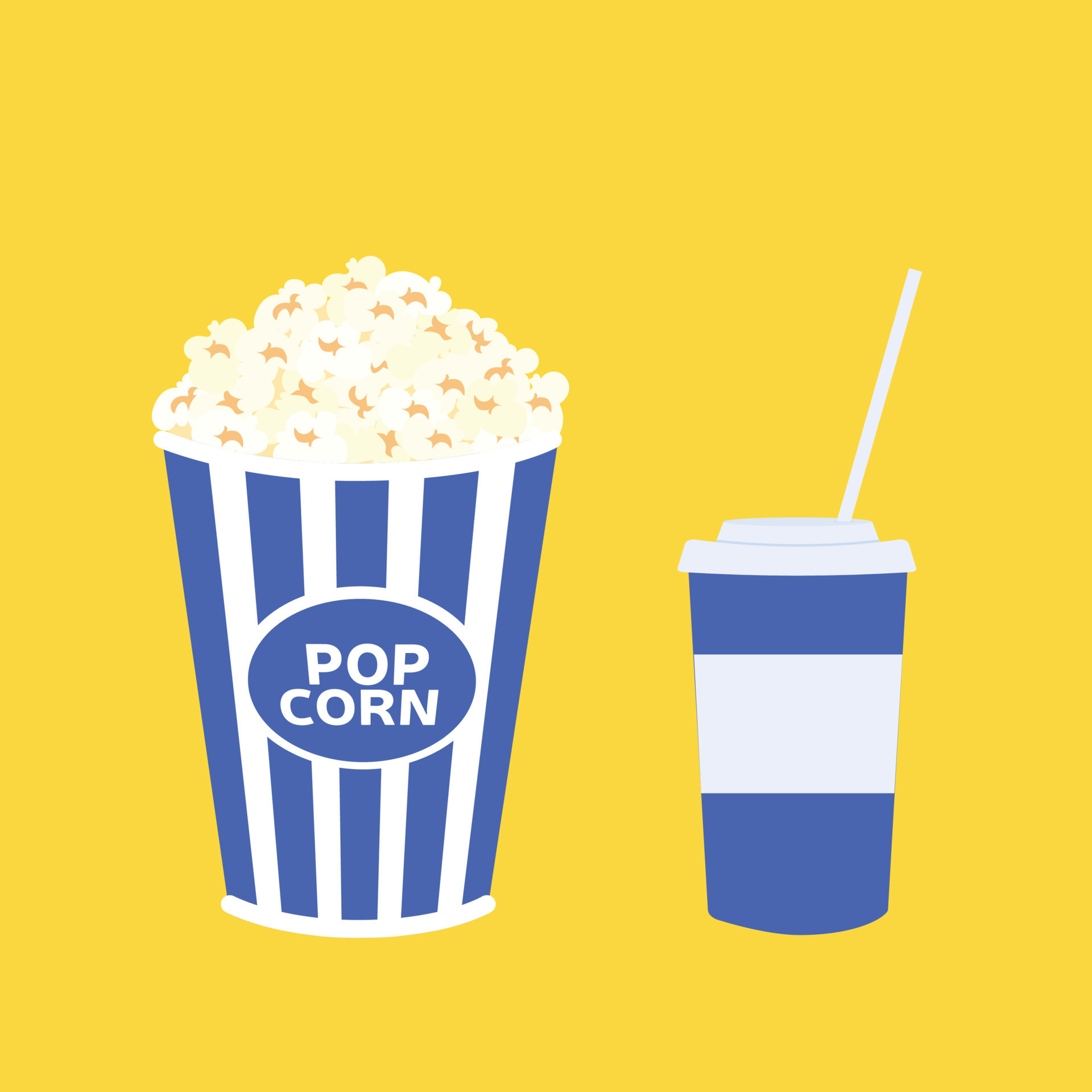 Popcorn in blue pack with soda in paper cup. Vector illustration