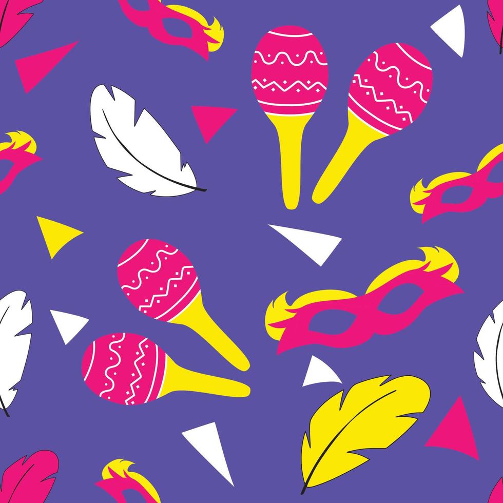 Seamless pattern with carnival elements on purple background. Maracas, masks, feathers and serpentine. Vector illustration.