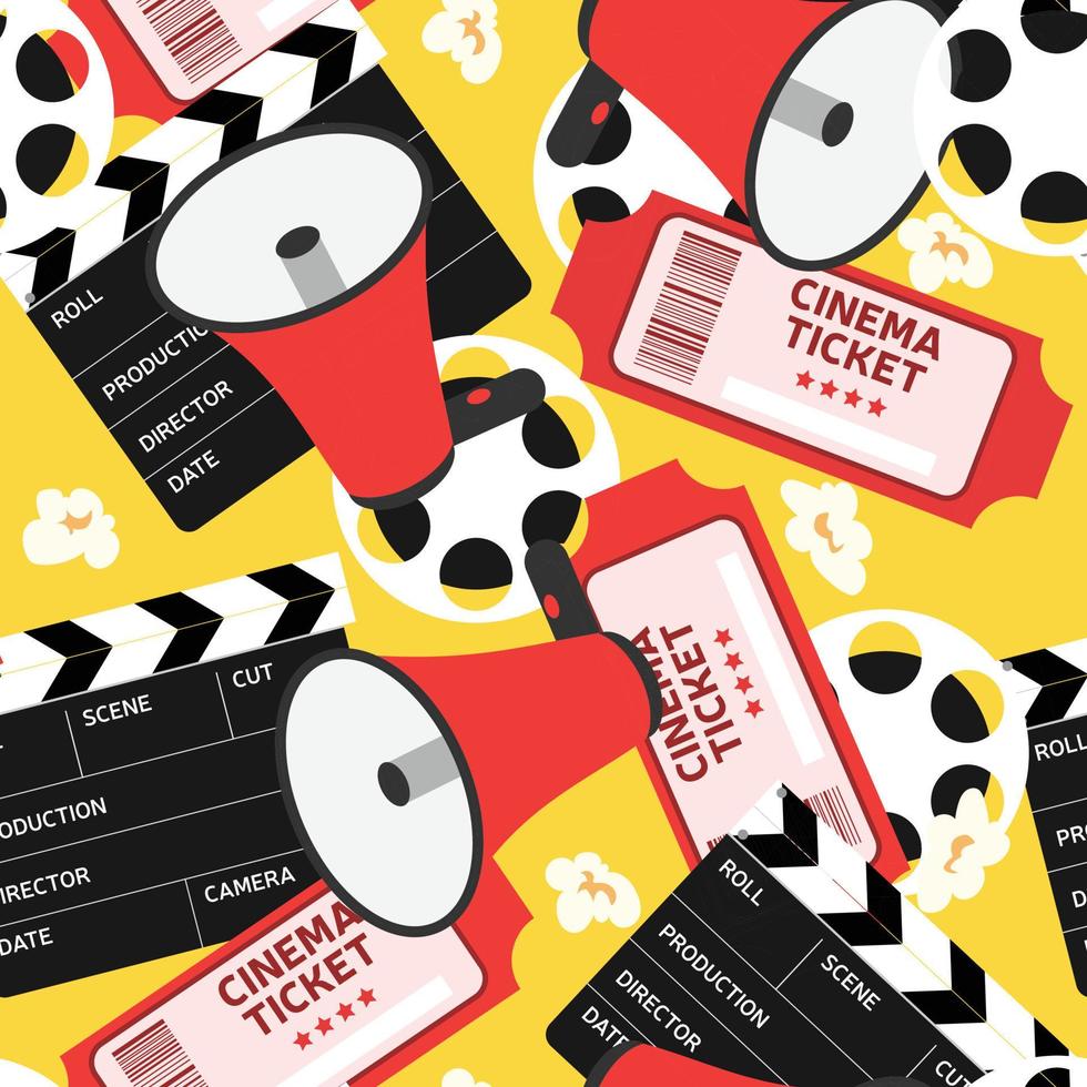 Seamless movie pattern. Production film, cinema pattern. Cinema tickets, clapperboard, megaphone, film reel. Vector illustration.