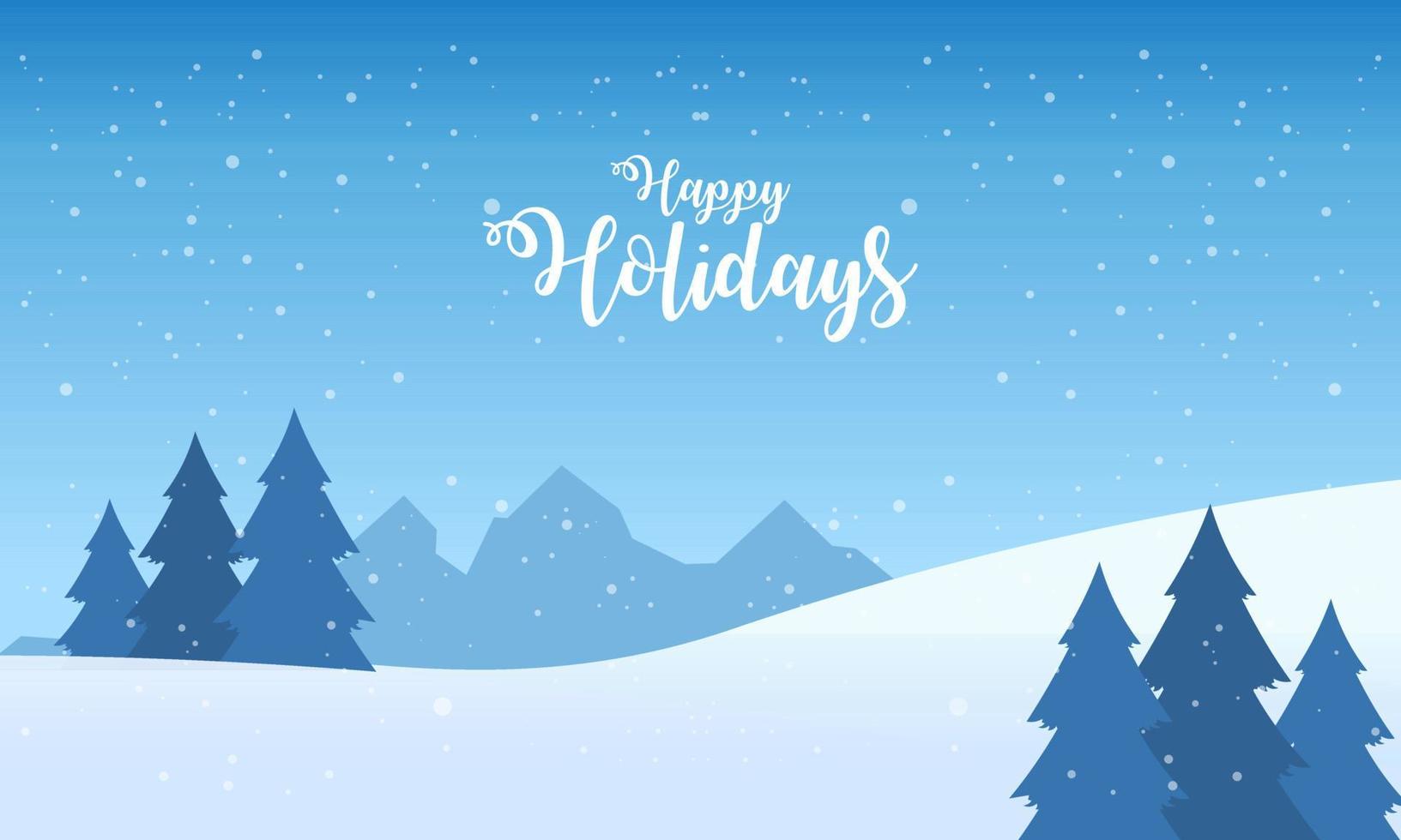 Blue mountains winter snowy landscape with hand lettering of Happy Holidays and pines on foreground illustration vector