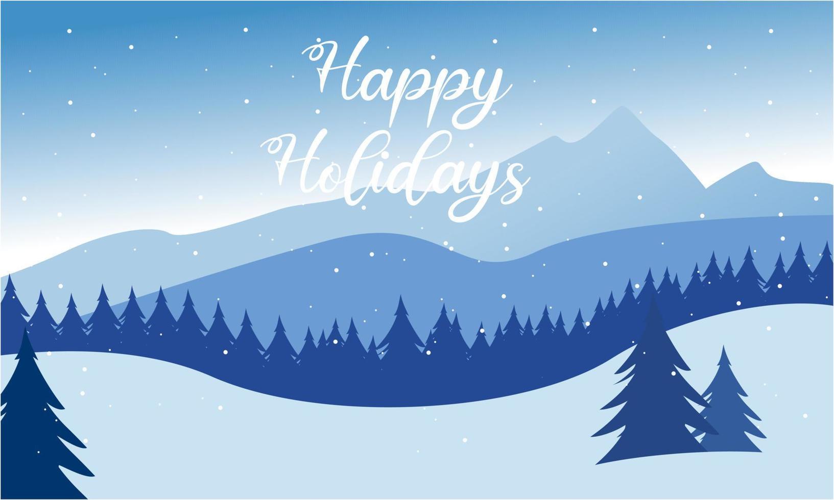 Blue mountains winter snowy landscape with hand lettering of Happy Holidays and pines on foreground illustration vector