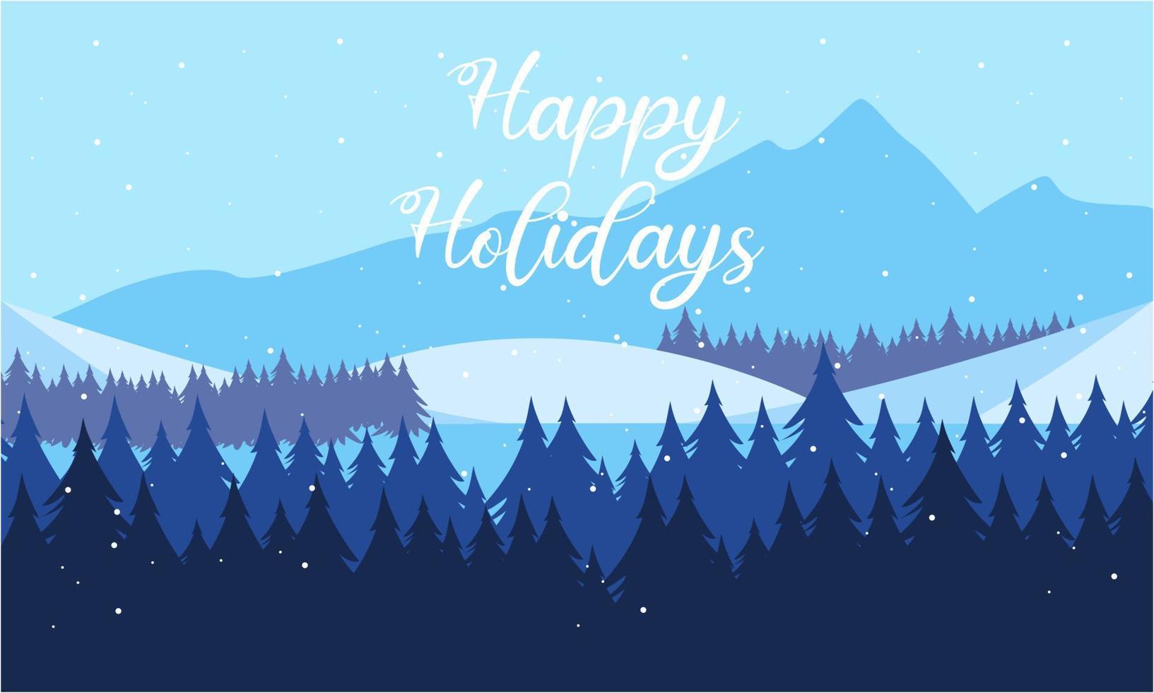 Blue mountains winter snowy landscape with hand lettering of Happy Holidays and pines on foreground illustration vector