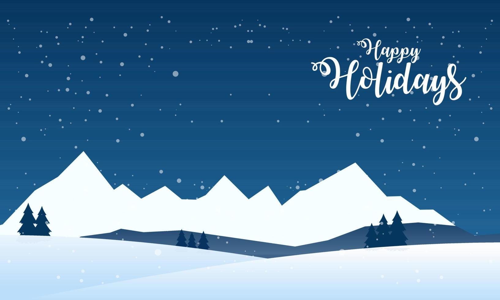 montañas azules paisaje nevado de invierno con letras a mano de felices fiestas y pinos en la ilustración de primer plano vector