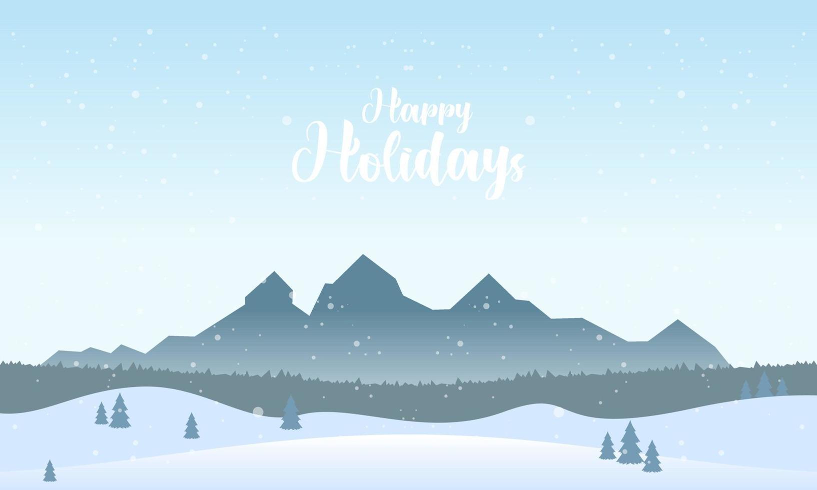 montañas azules paisaje nevado de invierno con letras a mano de felices fiestas y pinos en la ilustración de primer plano vector