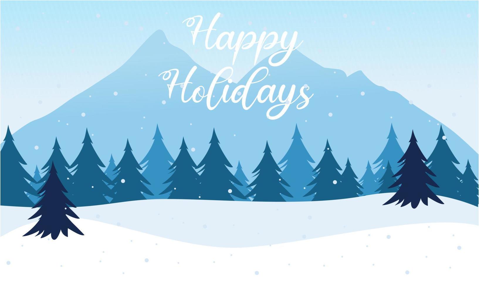 Blue mountains winter snowy landscape with hand lettering of Happy Holidays and pines on foreground illustration vector