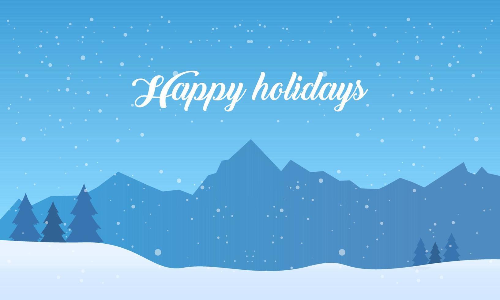 montañas azules paisaje nevado de invierno con letras a mano de felices fiestas y pinos en la ilustración de primer plano vector