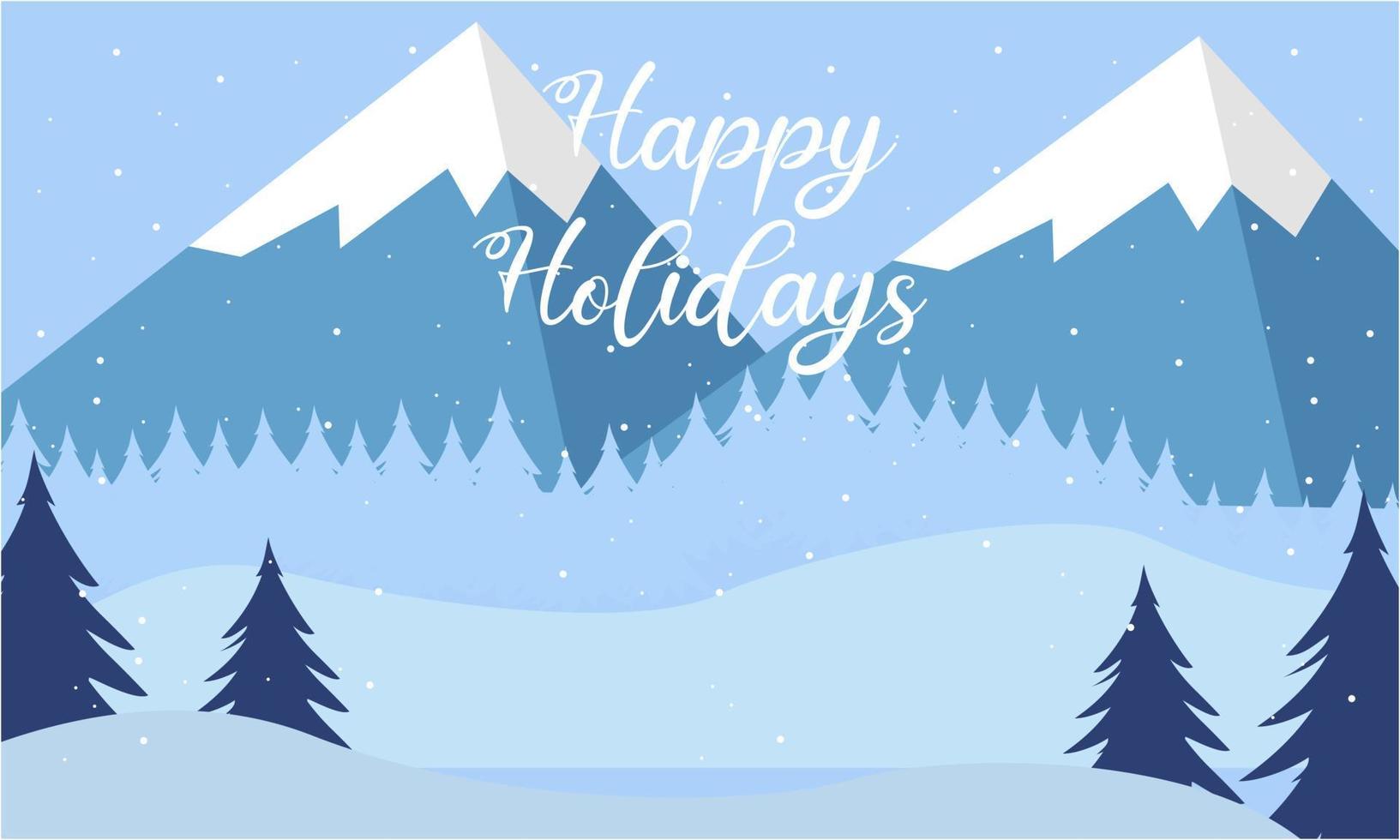 Blue mountains winter snowy landscape with hand lettering of Happy Holidays and pines on foreground illustration vector