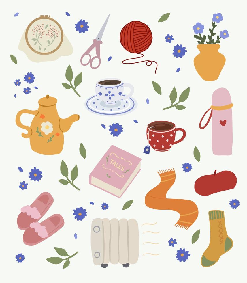 Hand-drawn set of cute isolated hygge cozy aesthetic items vector