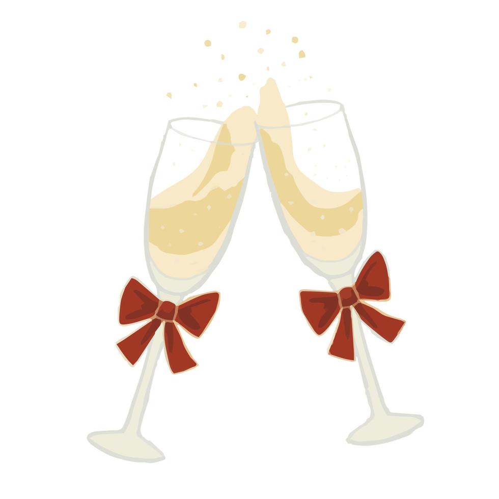 Isolated clip art illustration of two festive glass of champagne with red bow vector