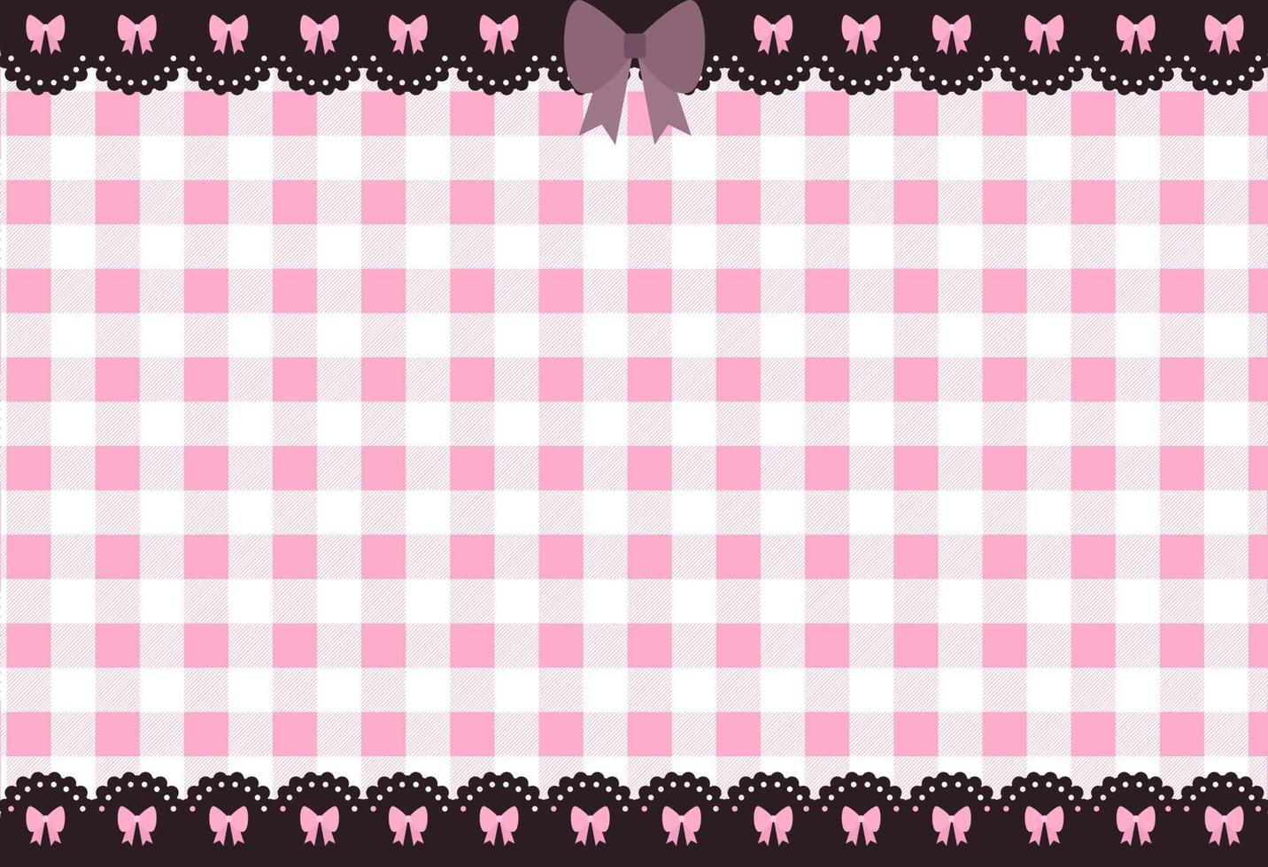 Cute pink kawaii horizontal background with gingham check and dark lace borders with bows vector