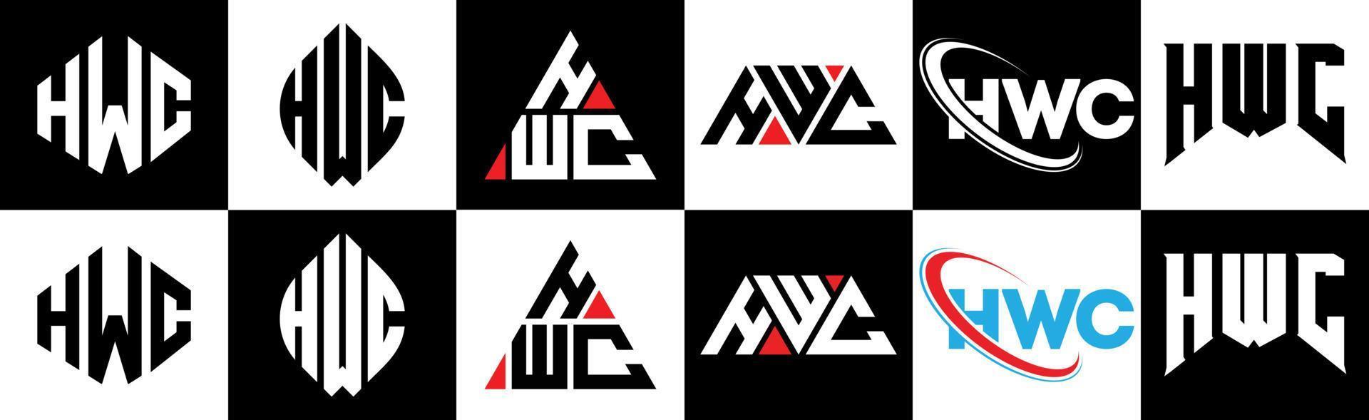 HWC letter logo design in six style. HWC polygon, circle, triangle, hexagon, flat and simple style with black and white color variation letter logo set in one artboard. HWC minimalist and classic logo vector