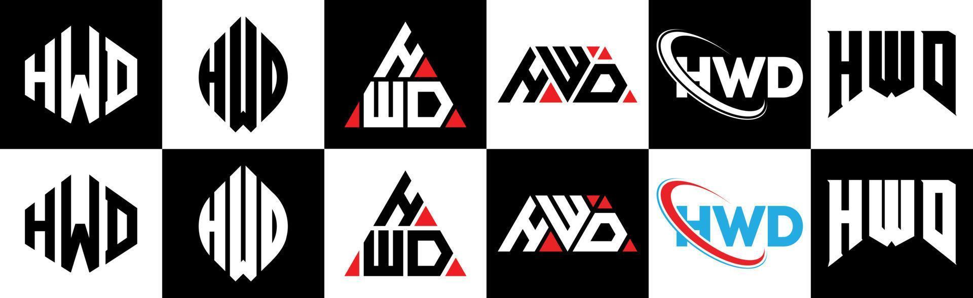 HWD letter logo design in six style. HWD polygon, circle, triangle, hexagon, flat and simple style with black and white color variation letter logo set in one artboard. HWD minimalist and classic logo vector