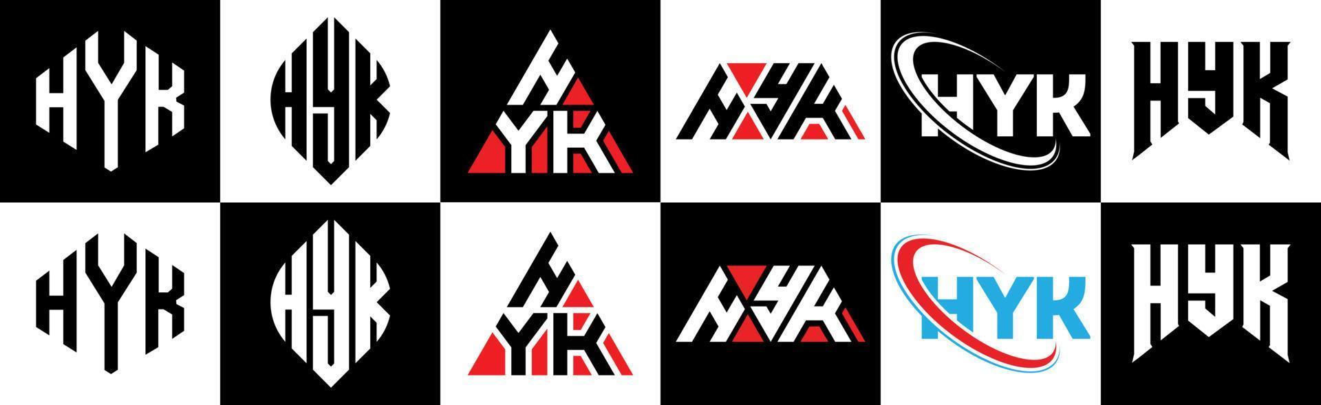 diseño de logotipo de letra hyk en seis estilos. polígono hyk, círculo, triángulo, hexágono, estilo plano y simple con logotipo de letra de variación de color blanco y negro en una mesa de trabajo. logo minimalista y clásico hyk vector