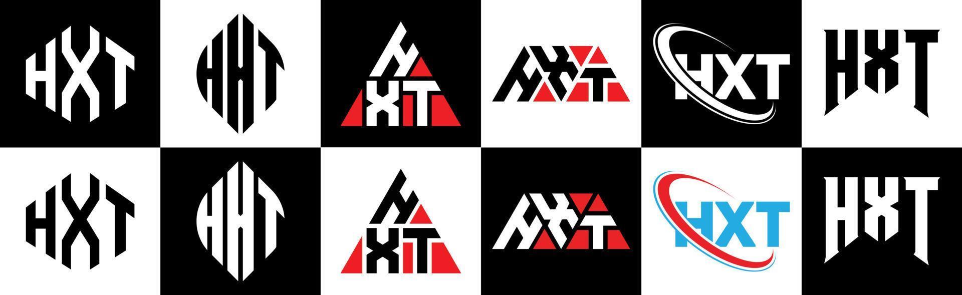 diseño de logotipo de letra hxt en seis estilos. polígono hxt, círculo, triángulo, hexágono, estilo plano y simple con logotipo de letra de variación de color blanco y negro en una mesa de trabajo. logotipo minimalista y clásico de hxt vector