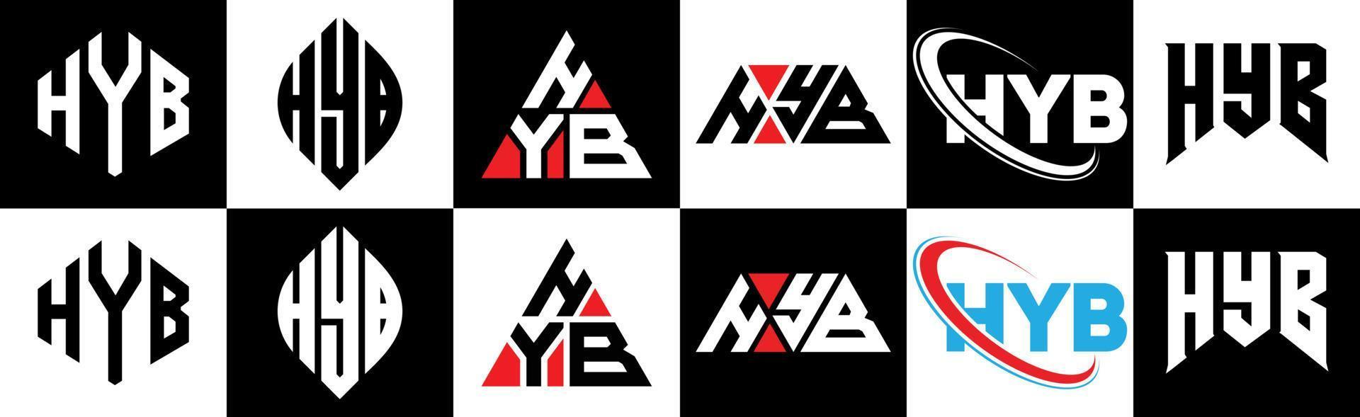 HYB letter logo design in six style. HYB polygon, circle, triangle, hexagon, flat and simple style with black and white color variation letter logo set in one artboard. HYB minimalist and classic logo vector