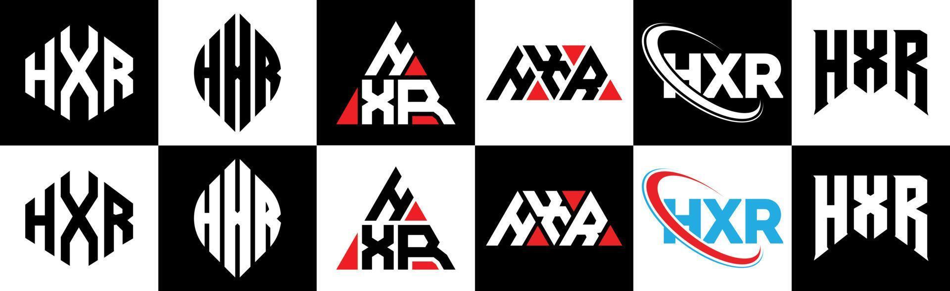 diseño de logotipo de letra hxr en seis estilos. polígono hxr, círculo, triángulo, hexágono, estilo plano y simple con logotipo de letra de variación de color blanco y negro en una mesa de trabajo. logotipo minimalista y clásico de hxr vector