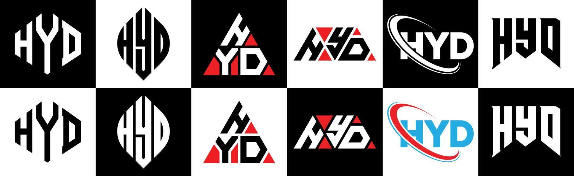 diseño de logotipo de letra hyd en seis estilos. polígono hyd, círculo, triángulo, hexágono, estilo plano y simple con logotipo de letra de variación de color blanco y negro en una mesa de trabajo. logotipo hyd minimalista y clásico vector