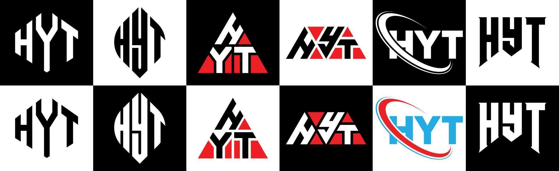 diseño de logotipo de letra hyt en seis estilos. hyt polígono, círculo, triángulo, hexágono, estilo plano y simple con logotipo de letra de variación de color blanco y negro en una mesa de trabajo. hyt logotipo minimalista y clásico vector