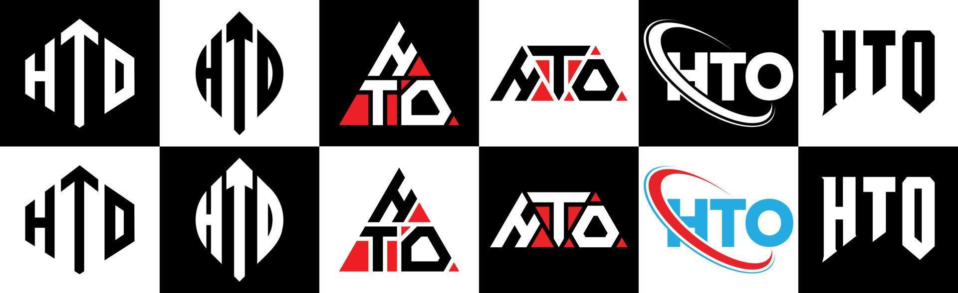 HTO letter logo design in six style. HTO polygon, circle, triangle, hexagon, flat and simple style with black and white color variation letter logo set in one artboard. HTO minimalist and classic logo vector