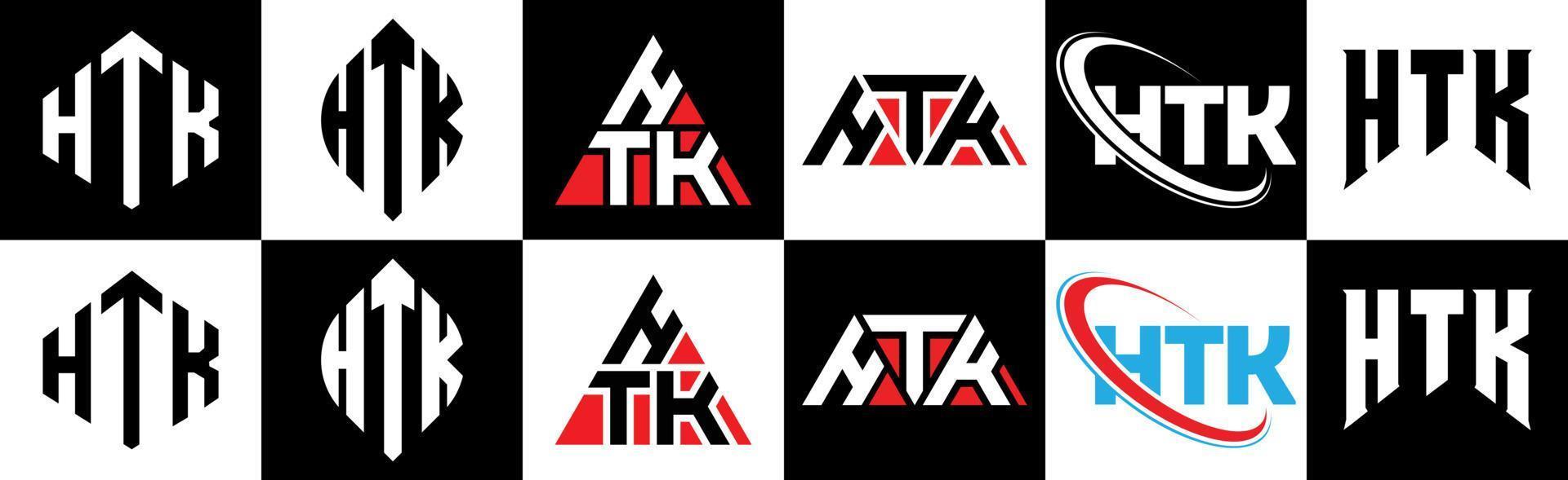 HTK letter logo design in six style. HTK polygon, circle, triangle, hexagon, flat and simple style with black and white color variation letter logo set in one artboard. HTK minimalist and classic logo vector