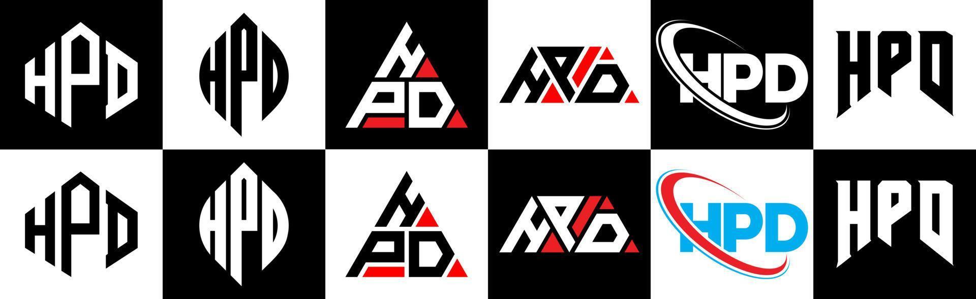 diseño de logotipo de letra hpd en seis estilos. polígono hpd, círculo, triángulo, hexágono, estilo plano y simple con logotipo de letra de variación de color blanco y negro en una mesa de trabajo. logotipo minimalista y clásico de hpd vector