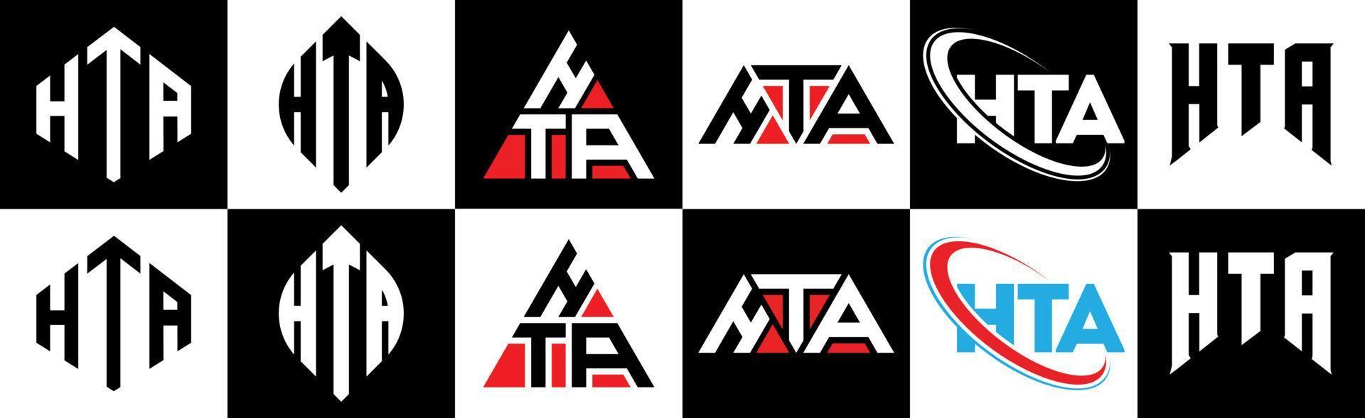 diseño de logotipo de letra hta en seis estilos. hta polígono, círculo, triángulo, hexágono, estilo plano y simple con logotipo de letra de variación de color blanco y negro en una mesa de trabajo. hta logotipo minimalista y clásico vector