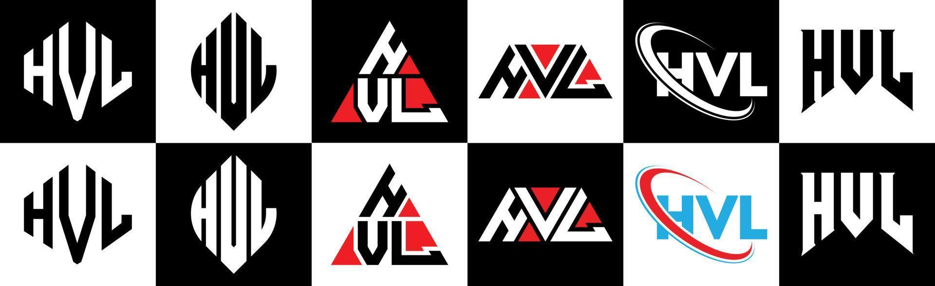 HVL letter logo design in six style. HVL polygon, circle, triangle, hexagon, flat and simple style with black and white color variation letter logo set in one artboard. HVL minimalist and classic logo vector